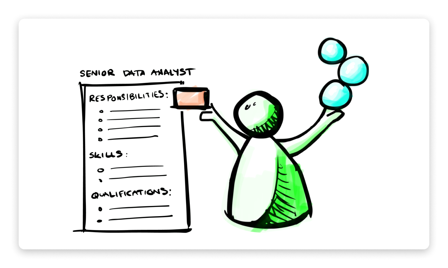 Illustration of a game figurine holding a box in the left hand and three spheres in the right hand.