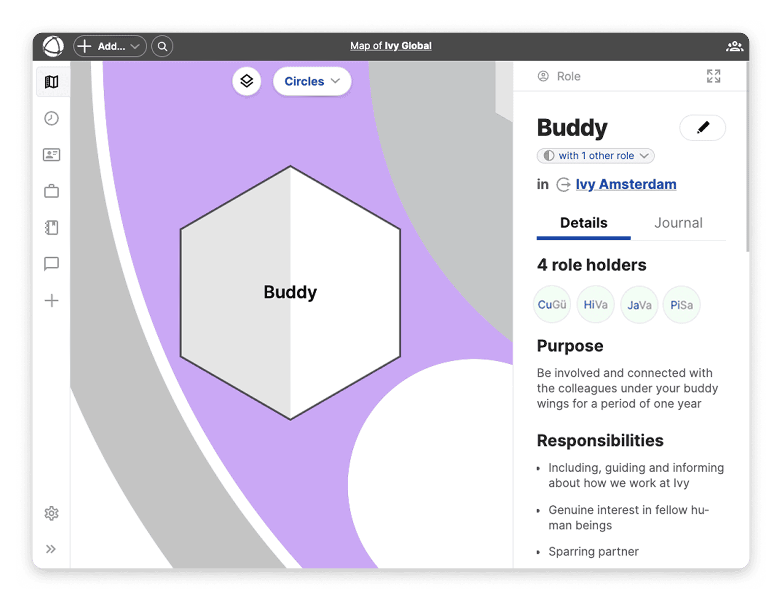 Screenshot of the description of the Buddy role on the org map of Ivy Global.