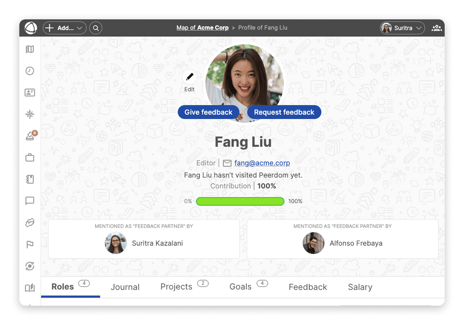 Screenshot of the a peer profile showing two other peers who tagged eachother as feedback partners.