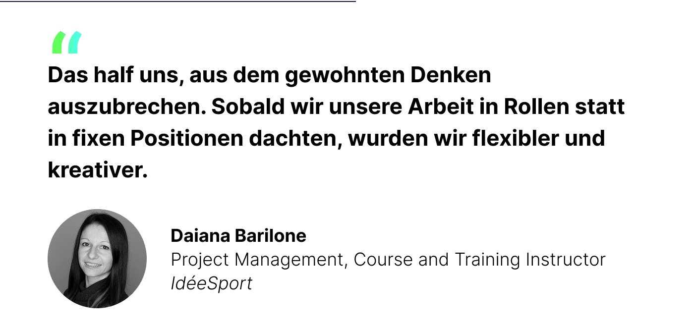 Zitat Daiana Barilone, “Das half uns, aus dem gewohnten Denken auszubrechen. Sobald wir unsere Arbeit in Rollen statt in fixen Positionen dachten, wurden wir flexibler und kreativer.”