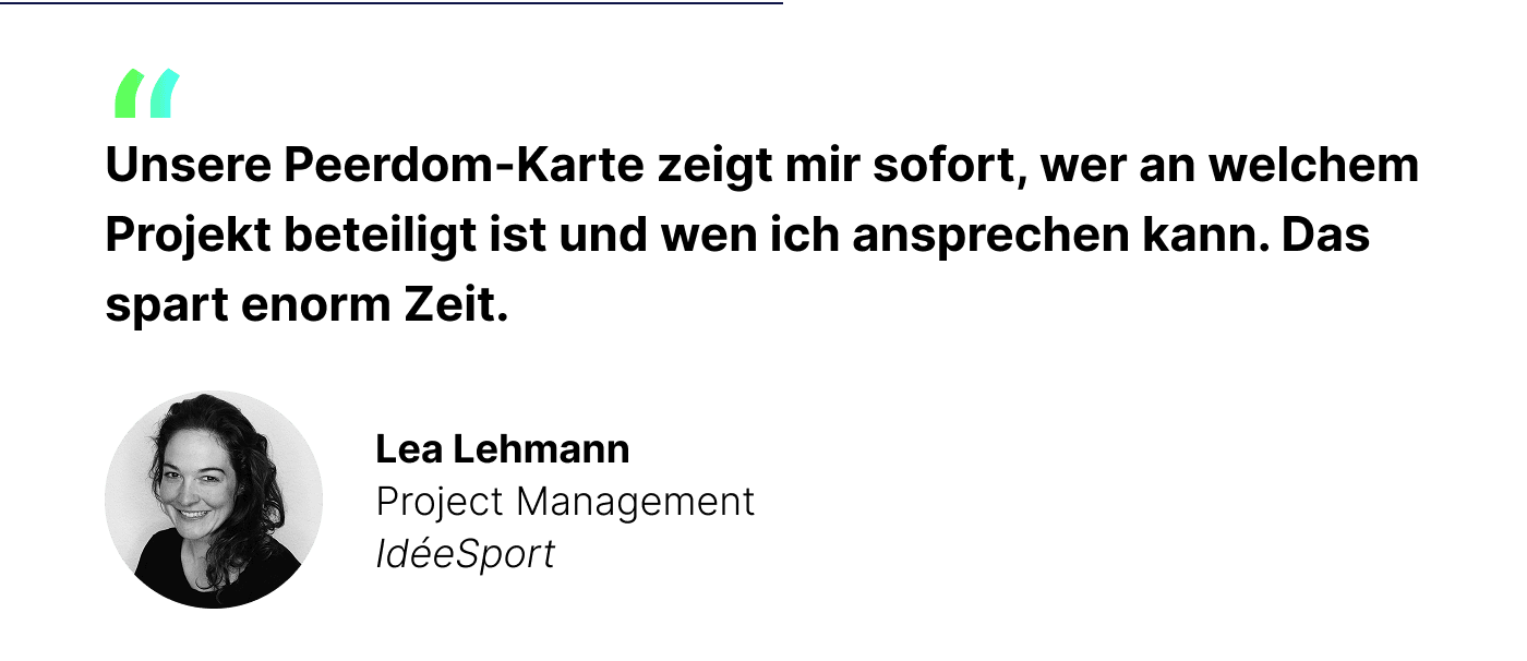 Zitat Lea Lehmann, “Unsere Peerdom-Karte zeigt mir sofort, wer an einem Projekt beteiligt ist und wen ich ansprechen kann. Das spart enorm Zeit.”