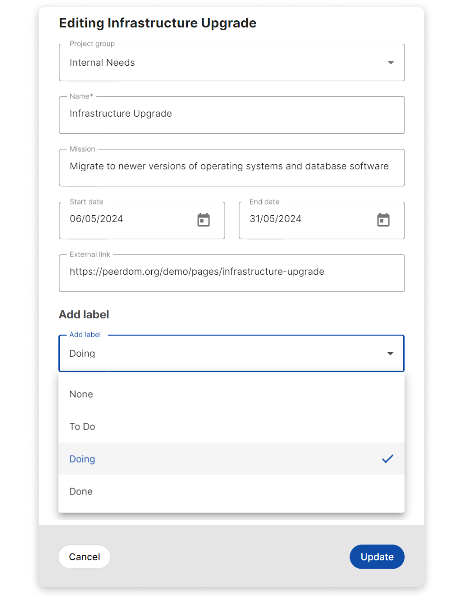Select a label from the drop-down list in the project editor. Alt