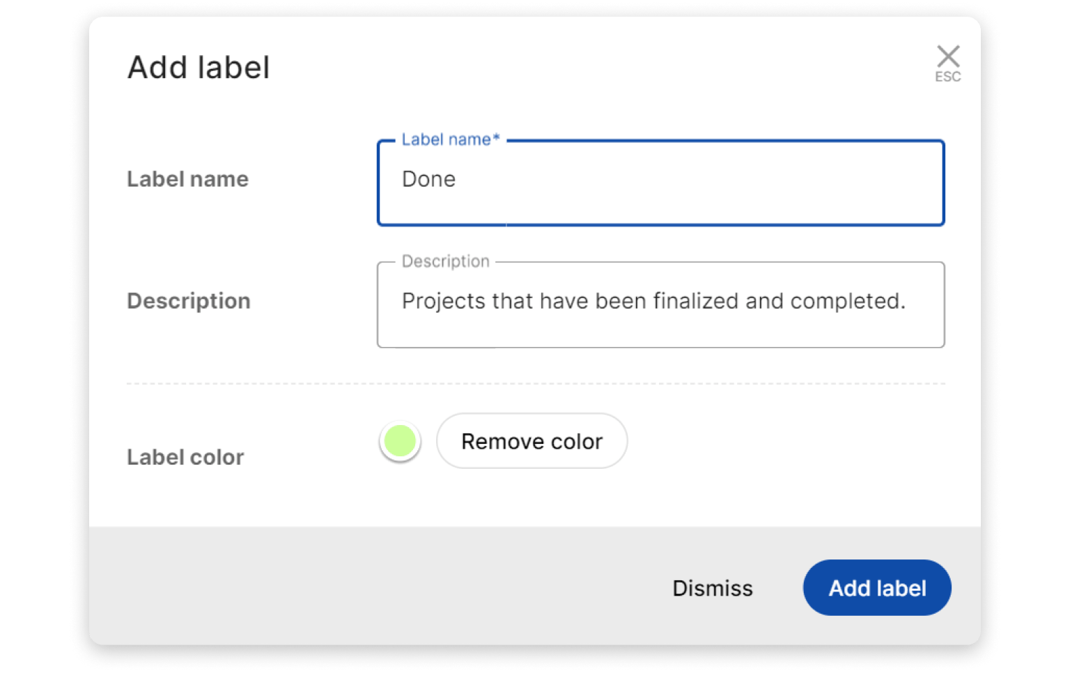 Customize your label with a name, description, and color. Alt