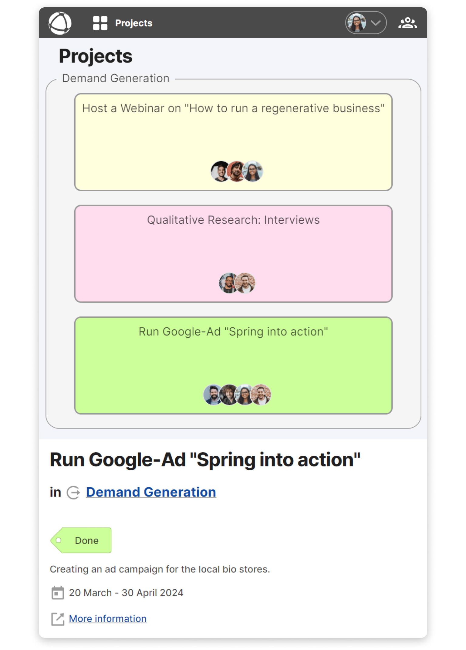 Identify the label of a project simply by the color of its card in the Projects App. Alt